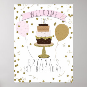 Pink & Gold Sugar is Sweet 1st First Birthday Cake Poster
