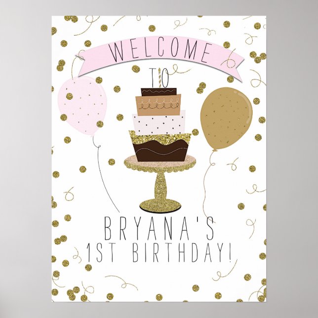 Pink & Gold Sugar is Sweet 1st First Birthday Cake Poster (Front)
