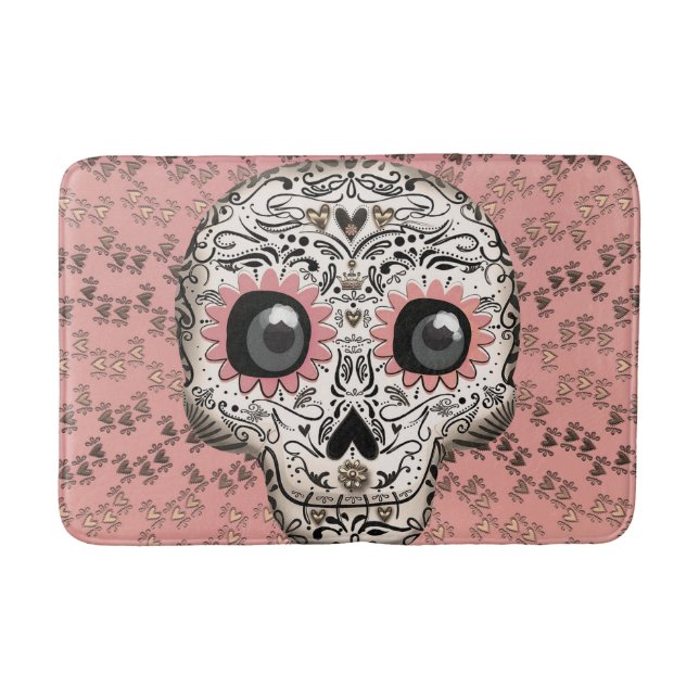 Pink & Gold Sugar Skull & Cute Whimsical Hearts Bath Mat (Front)