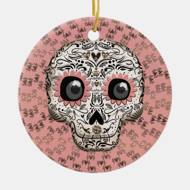 Pink & Gold Sugar Skull & Cute Whimsical Hearts Ceramic Tree Decoration (Front)