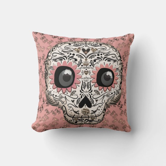 Pink & Gold Sugar Skull & Cute Whimsical Hearts Cushion (Front)