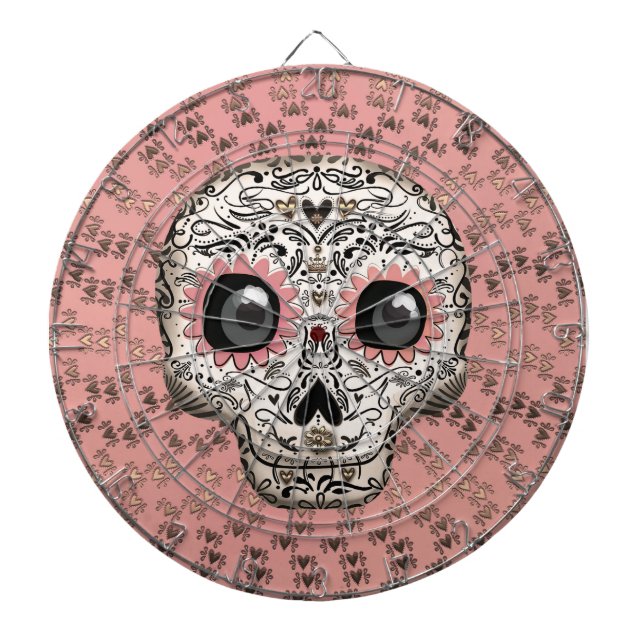 Pink & Gold Sugar Skull & Cute Whimsical Hearts Dartboard (Front)