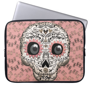 Pink & Gold Sugar Skull & Cute Whimsical Hearts Laptop Sleeve