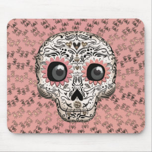 Pink & Gold Sugar Skull & Cute Whimsical Hearts Mouse Mat