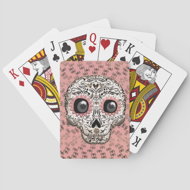 Pink & Gold Sugar Skull & Cute Whimsical Hearts Playing Cards (Back)