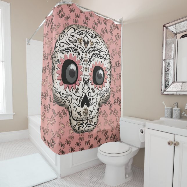 Pink & Gold Sugar Skull & Cute Whimsical Hearts Shower Curtain (In Situ)