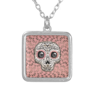 Pink & Gold Sugar Skull & Cute Whimsical Hearts Silver Plated Necklace