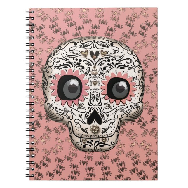 Pink & Gold Sugar Skull Whimsical Cute Notebook (Front)