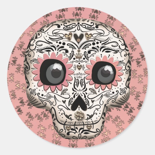 Pink & Gold Sugar Skull Whimsical Cute Party Classic Round Sticker (Front)