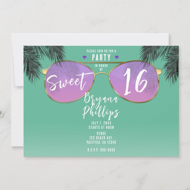 Pink & Gold Sunglasses Teal Summer Sweet 16 Party Invitation (Front)