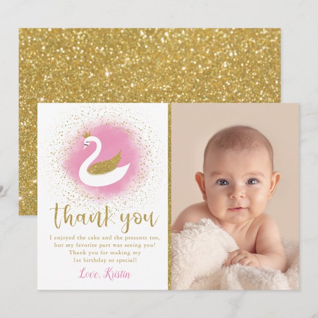Pink Gold Swan Birthday Photo Thank You Card (Front/Back)