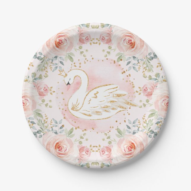 Pink Gold Swan Princess Baby Shower Birthday Decor Paper Plate (Front)