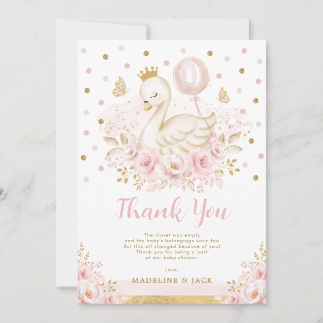 Pink Gold Swan Princess Balloon Girl Baby Shower Thank You Card (Front)