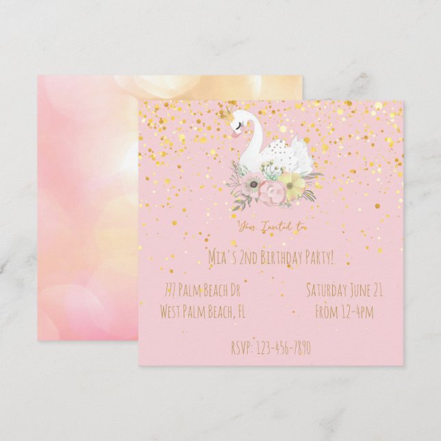 Pink & Gold Swan Princess Girls Birthday party Inv (Front/Back)