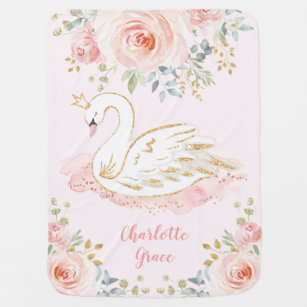 Pink Gold Swan Princess Watercolor Flower Nursery Baby Blanket