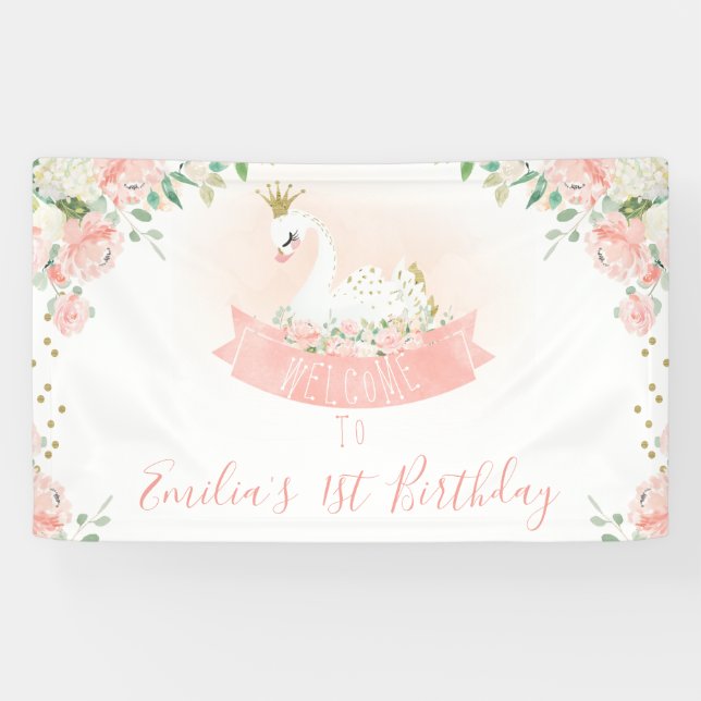 Pink Gold Swan Princess Welcome Birthday Banner (Horizontal)