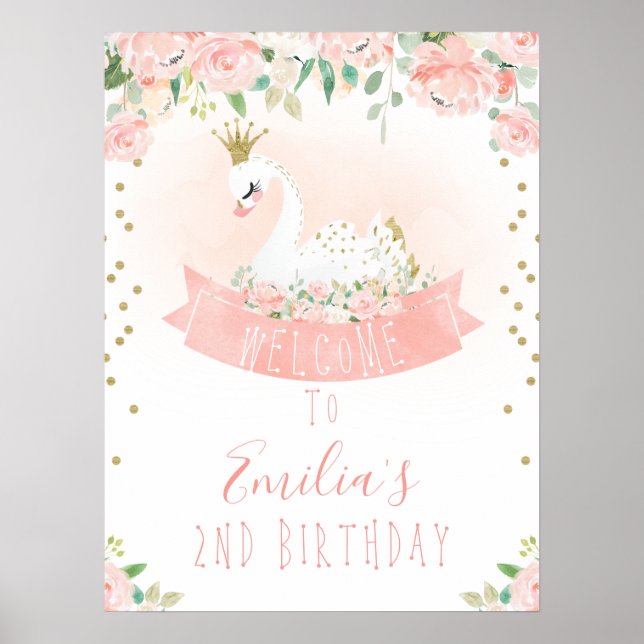 Pink Gold Swan Princess Welcome Birthday Poster (Front)