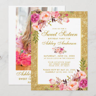 Pink Gold Sweet 16 Birthday Invite G - Photo Back