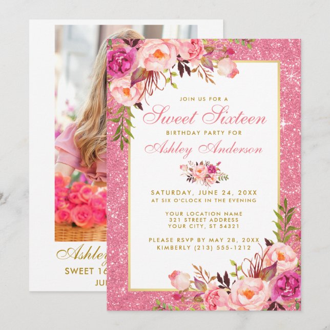 Pink Gold Sweet 16 Birthday Invite | Photo Back (Front/Back)