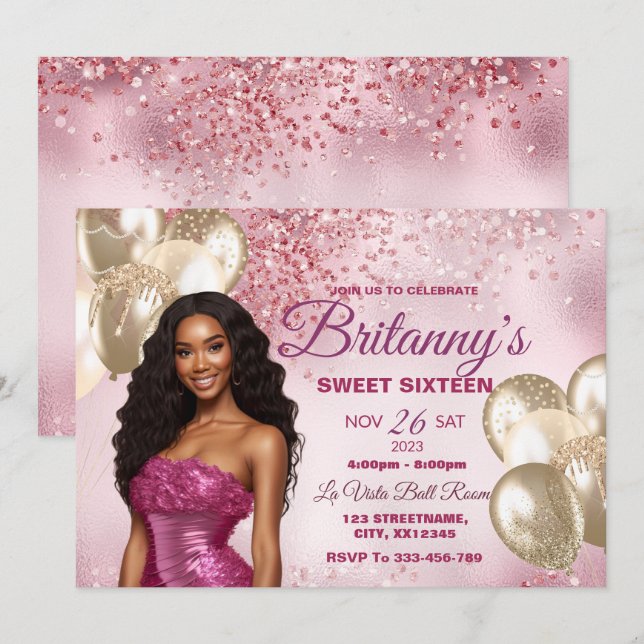 Pink & Gold Sweet 16 Girl Birthday Invitation (Front/Back)