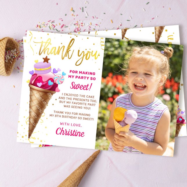 Pink Gold Sweet Ice Cream Birthday Photo Thank You Card (Creator Uploaded)