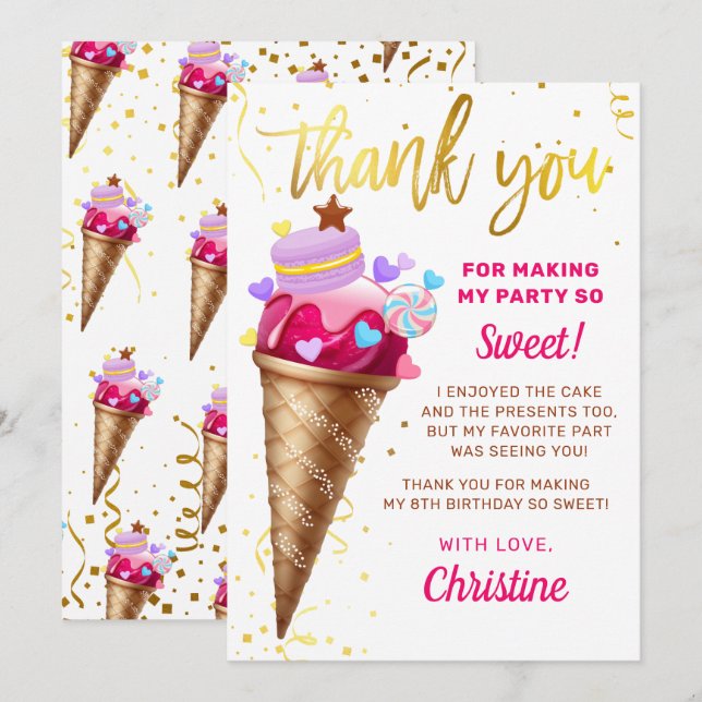 Pink Gold Sweet Ice Cream Birthday Thank You Card (Front/Back)
