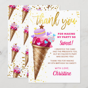 Pink Gold Sweet Ice Cream Birthday Thank You Card