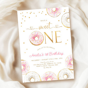 Pink Gold Sweet One Doughnuts 1st Birthday Invitation