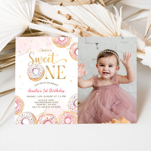 Pink Gold Sweet One Doughnuts 1st Birthday Photo Invitation