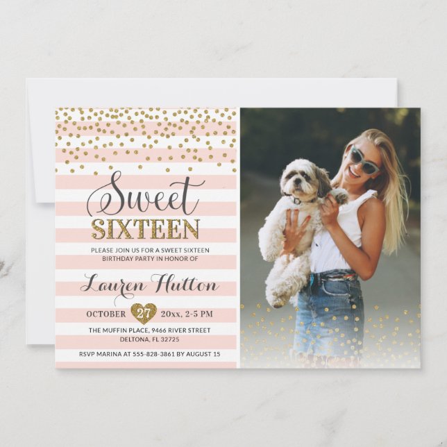 Pink Gold Sweet Sixteen 16th Birthday Party Photo Invitation (Front)