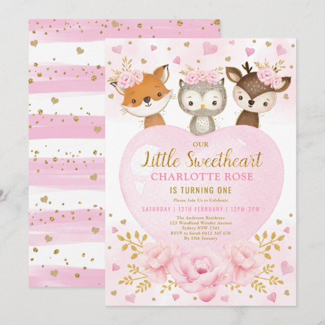 Pink Gold Sweetheart Woodland Animals Birthday Invitation (Front/Back)