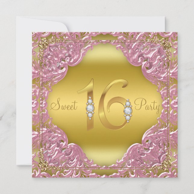 Pink Gold Swirl Fancy Sweet 16 Party Invitation (Front)