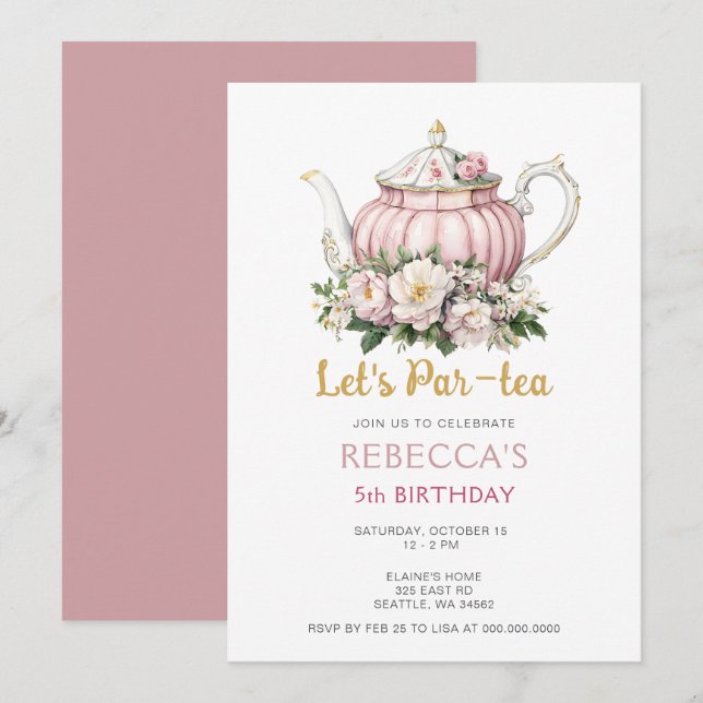 Pink Gold Tea Party Girl Birthday Invitation (Front/Back)