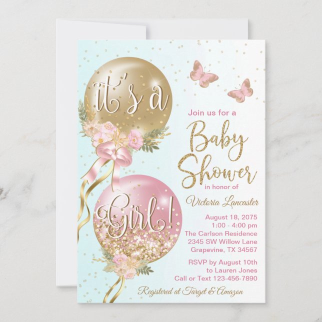 Pink Gold Teal Balloons Butterflies Baby Shower Invitation (Front)