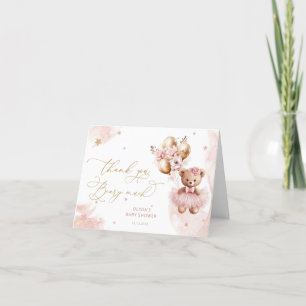Pink Gold Teddy Bear Balloon Baby Girl Thank You Card