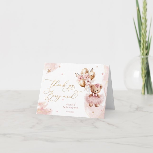 Pink Gold Teddy Bear Balloon Baby Girl Thank You Card (Front)
