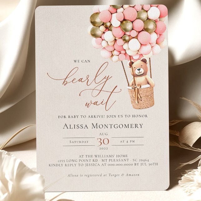 Pink Gold Teddy Bear Balloon Girl Bearly Wait Invitation (Creator Uploaded)