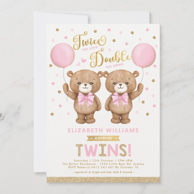 Pink Gold Teddy Bear Balloon Twin Girl Baby Shower Invitation (Front)