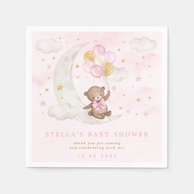 Pink Gold Teddy Bear Balloons Moon Stars Clouds Napkin (Front)