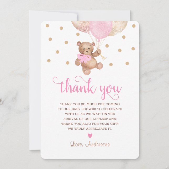Pink Gold Teddy Bear Beary Much Baby Shower  Thank You Card (Front)