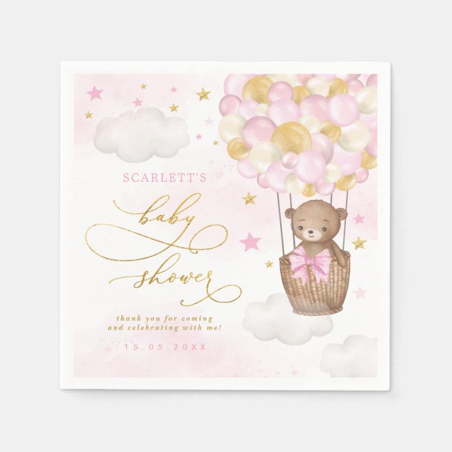 Pink Gold Teddy Bear Hot Air Balloon Baby Girl Napkin (Front)