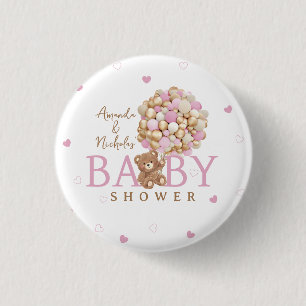 Pink Gold Teddy Bear With Balloons Shower Favour 3 Cm Round Badge
