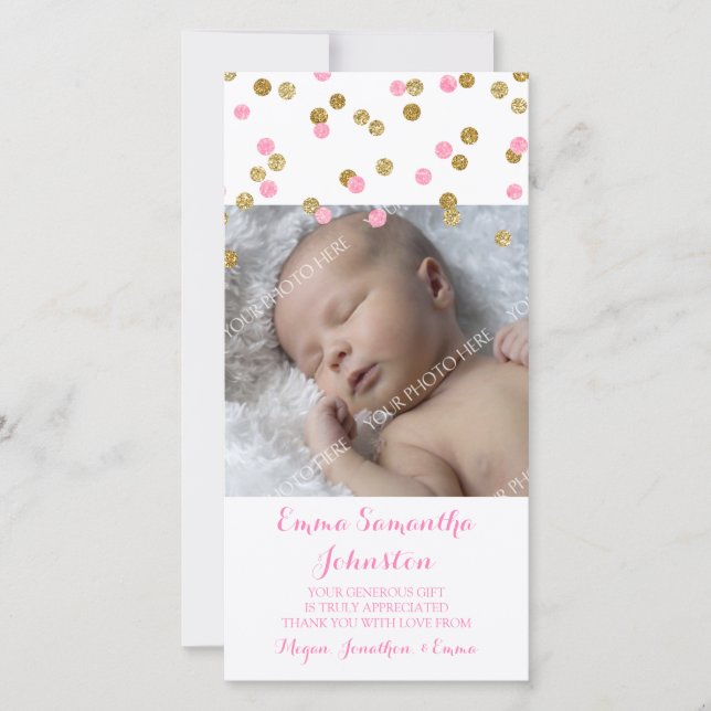 Pink Gold Thank You Baby Shower Photo Cards (Front)