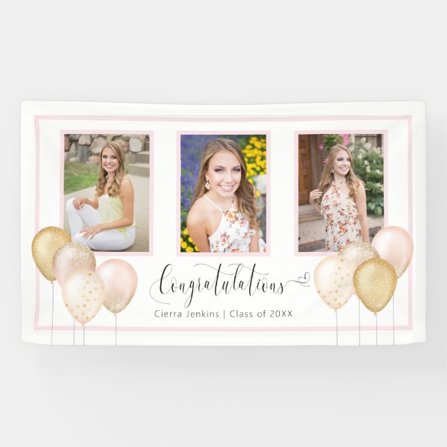 Pink Gold Three Photos Graduation Banner (Horizontal)