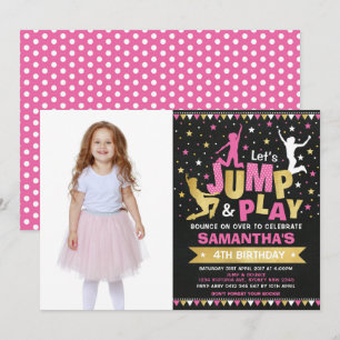 Pink Gold Trampoline Jump Bounce Birthday Party Invitation