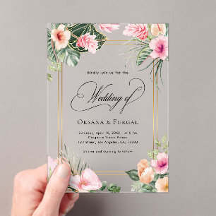 Pink Gold Tropical Beach Destination Wedding Acrylic Invitations