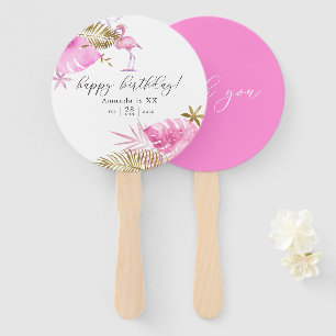 Pink & Gold Tropical Flamingo Any Age Birthday Hand Fan