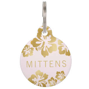 Pink Gold Tropical Hawaiian Hibiscus Cat Dog Pet Tag