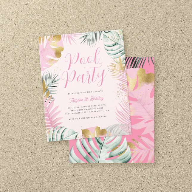 Pink & Gold Tropical Leaves Birthday Pool Party (Creator Uploaded)