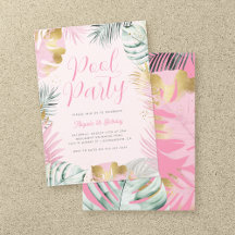 Pink & Gold Tropical Leaves Birthday Pool Party